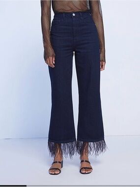 WeWoreWhat Dark Navy Wide-Leg Jeans with Feather Trim